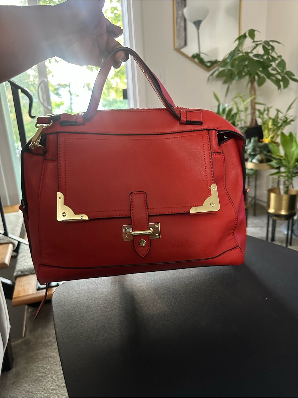 BCBGeneration Red Structured Top-Handle Satchel with Gold Hardware